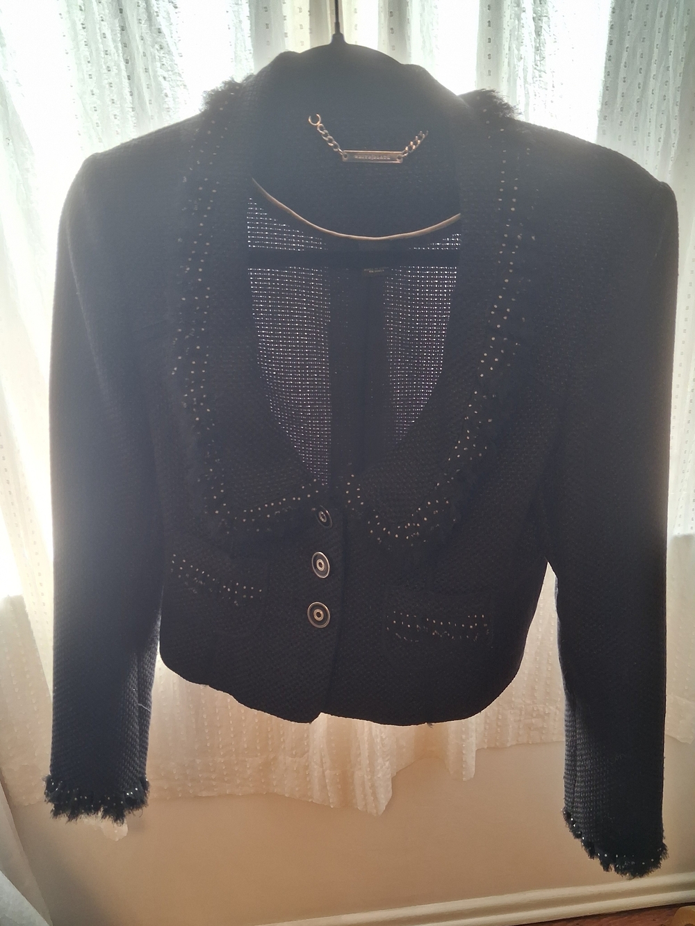 White House Black Market Black Women's Textured Cropped Jacket w/ Poka Dot Trim
